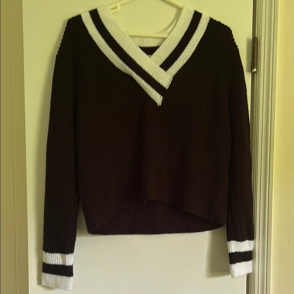 DKNY Black and White V-Neck Sweater